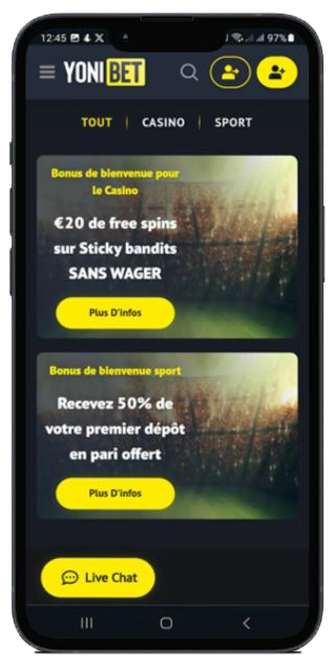 Yonibet app sur iOS